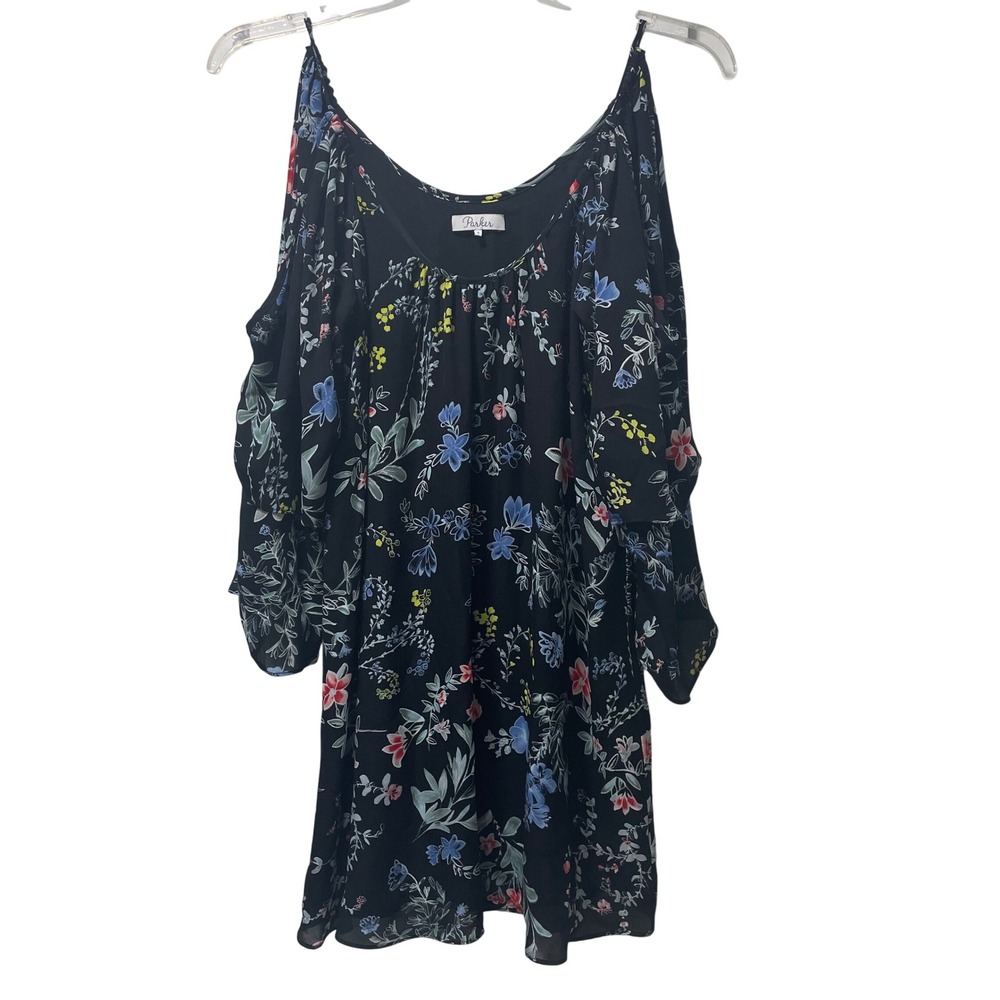Parker Womens Black Floral 100% Silk Cold Shoulder Ruffle Sleeve‎ Blouse Small